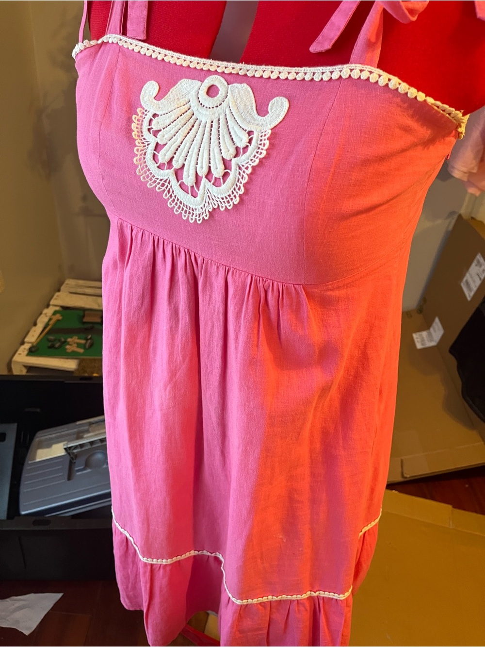 Lilly Pulitzer Pink Spaghetti Strap Midi Dress with White Lace Applique